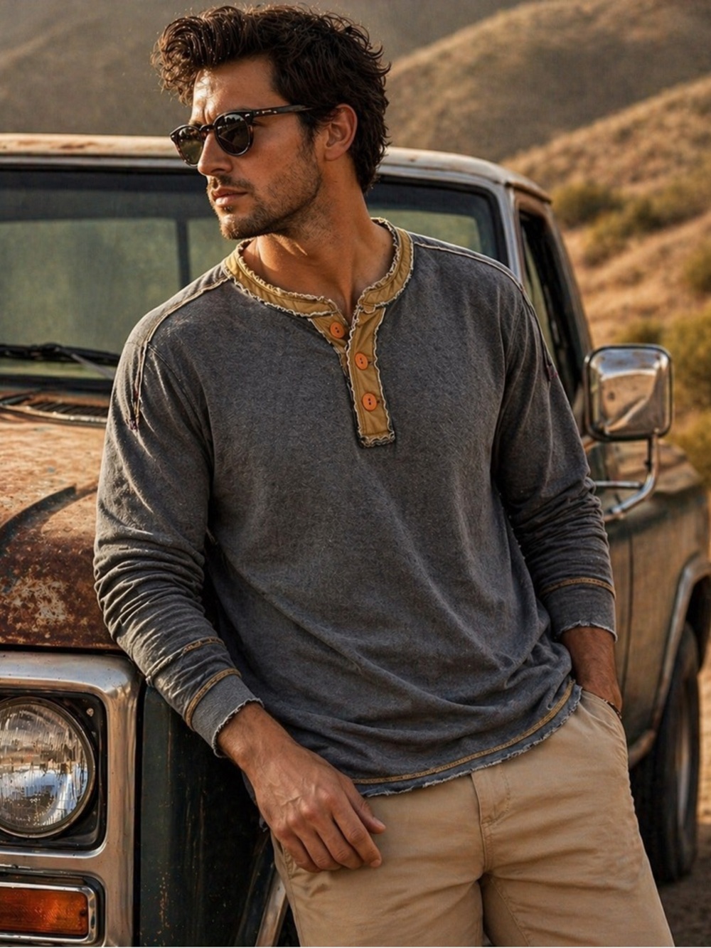 Carbon2Cobalt Gray Henley Raw Edge Distressed Casual Luxe Shirt